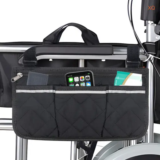 Bolsa lateral para cadeira de rodas com 3 bolsos, equipada com faixas refletivas para praia e design para apoio de braço