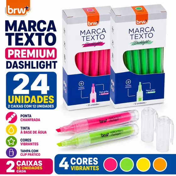 Kit 2 Caixas Marca Texto BRW 24 Unidades Fluorescente Neon Ponta Chanfrada 1-4mm Escolar Original
