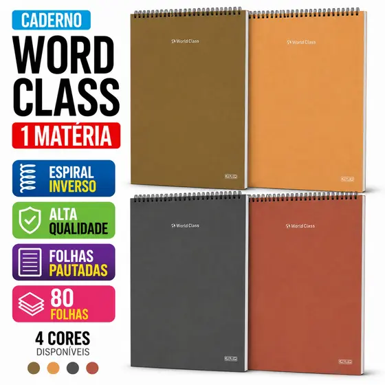 Caderno Universitário 1 Matéria 80 Folhas Animativa World Class Capa Dura Espiral Superior Escolar A4 Sortido