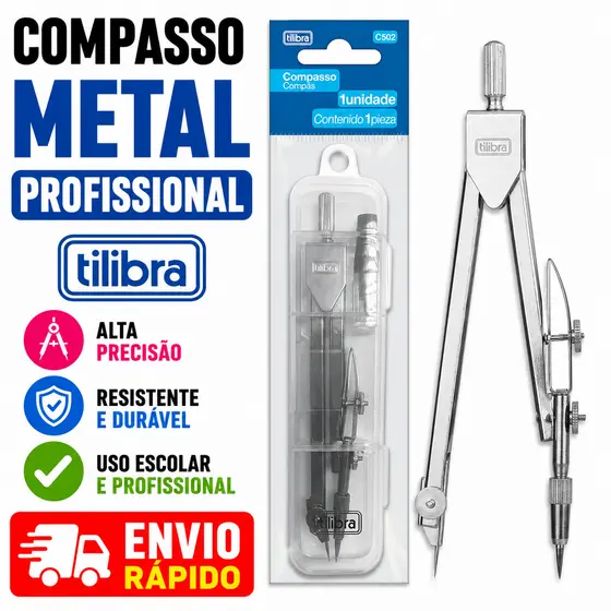 Compasso Metal Tilibra C502 com Tira Linha Estojo Desenho Técnico Escolar Precisão Original