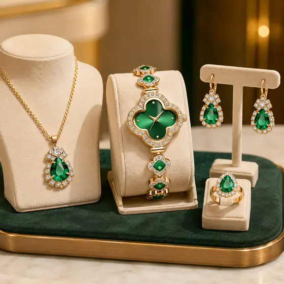 Kit Relógio Feminino Verde Esmeralda 4 Peças com Colar Brincos e Anel Dourado Elegante