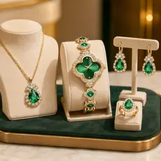 Kit Relógio Feminino Verde Esmeralda 4 Peças com Colar Brincos e Anel Dourado Elegante