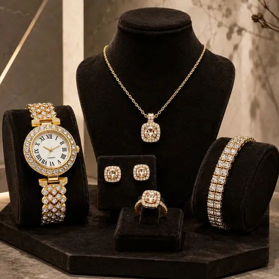 Conjunto Relógio Feminino Dourado com Strass+Joias Completas (Pulseira, Colar, Brincos, Anel),Relógio de Quartzo Luxuoso