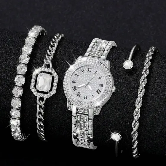 Kit 5 Peças Relógio Feminino Prata com 4 Pulseiras e Braceletes Brilhantes Luxo Presente