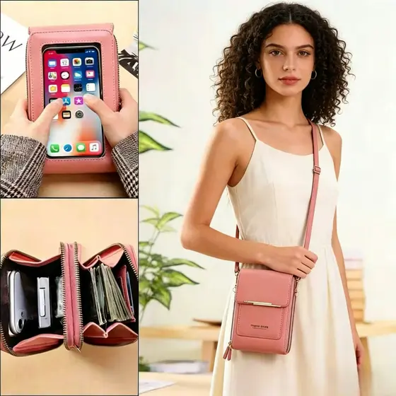Bolsa Transversal para Celular Feminina Resistente, Carteira Multifuncional com Tela Touch e Grande Capacidade