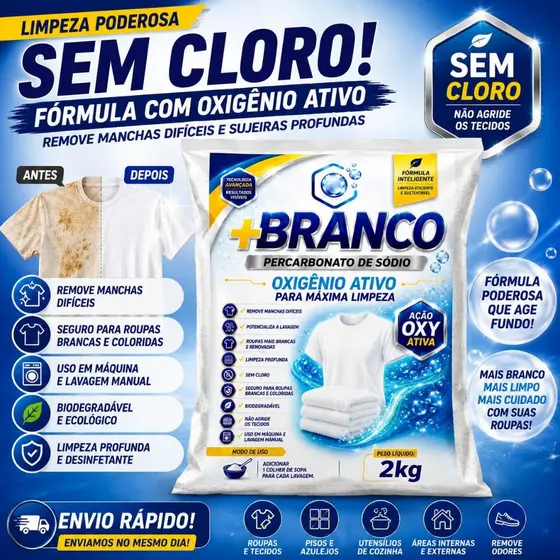 Percarbonato de Sódio Oxigênio Ativo Tira Manchas Roupas Brancas Coloridas Limpeza Pesada