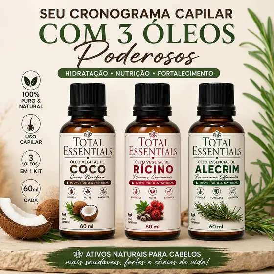 Kit Terapia Capilar Óleo de Coco Alecrim e Rícino 3x60ml para Hidratação, Nutrição e Controle do Frizz