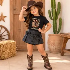 Roupa Infantil Estilo Boiadeira Tshirt Estampada e Short Saia Courino com Laço para Meninas