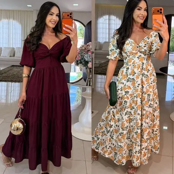 Vestido Feminino Midi  Mangas Curtas ,viscolinho liso,estampado e Gola em V - vestido 3 marias