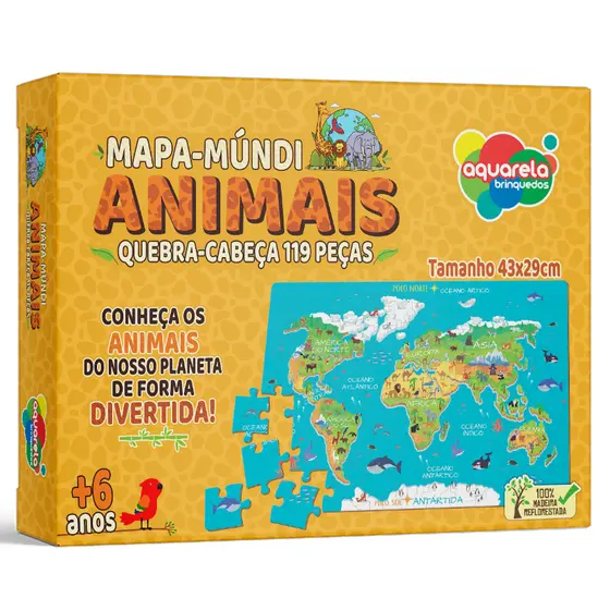 Mapa-Múndi Animais Quebra-Cabeça em Madeira 119 Peças Aquarela Brinquedos