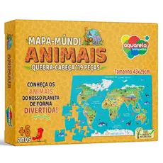 Mapa-Múndi Animais Quebra-Cabeça em Madeira 119 Peças Aquarela Brinquedos