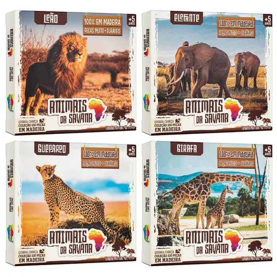 Quebra-Cabeça 100 Peças em Madeira Animais Da Savana Aquarela Brinquedos