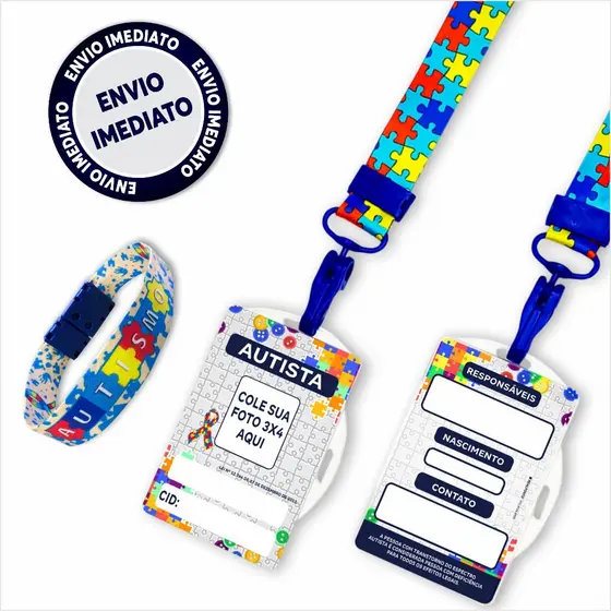 Crachá De Identificação Para Autistas + Cordão Com Trava de Segurança + Pulseira