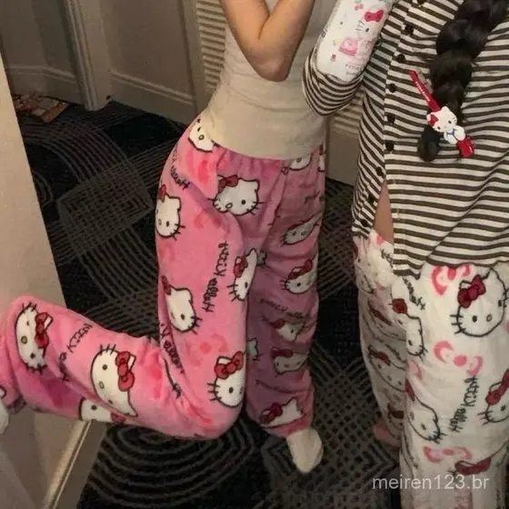 Calças de Pijama Femininas com Estampa de Desenho Animado da Hello Kitty