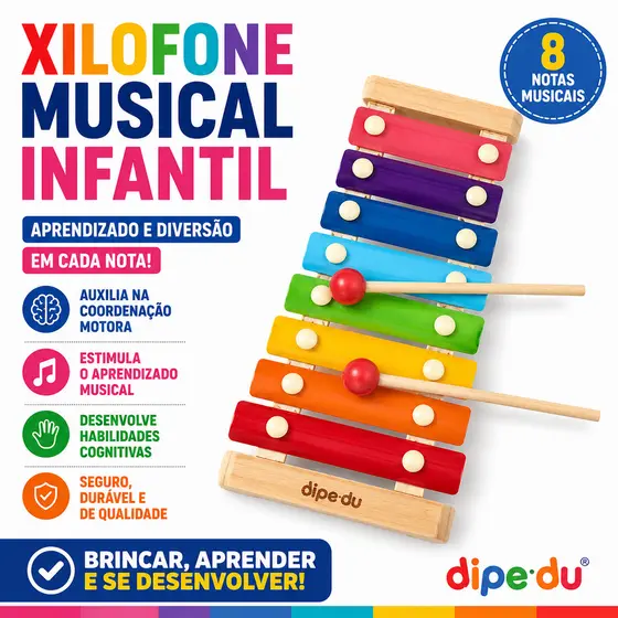 Xilofone Infantil Musical 8 Notas Colorido Educativo Com Baquetas Brinquedo Montessori