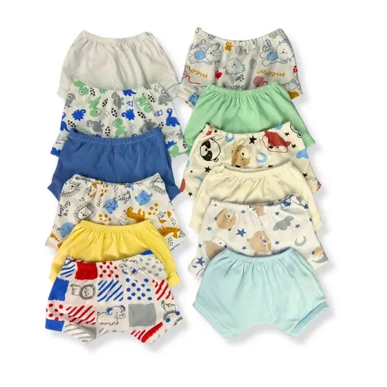 Kit 10 Shorts De Bebê Liso e Estampado Tapa Fralda Canelado Verão Infantil