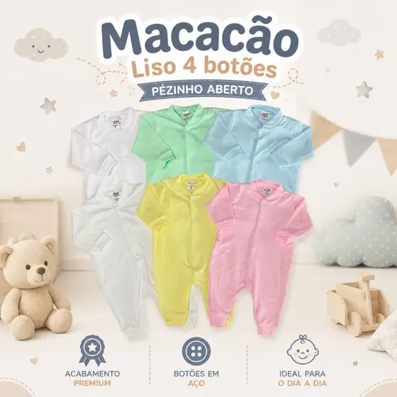 Kit C/3 - Macacão de Bebe Liso Malha Canelada Linha Basic Confortável