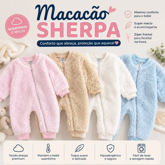 Macacão Bebê Menino e Menina Pelucia Sherpa Infantil Quentinho e Macio