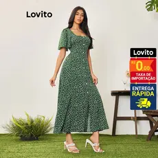 Lovito Vestido Feminino Midi Estampado com Botões Frontais e Estampa Bolinhas DRB16961726