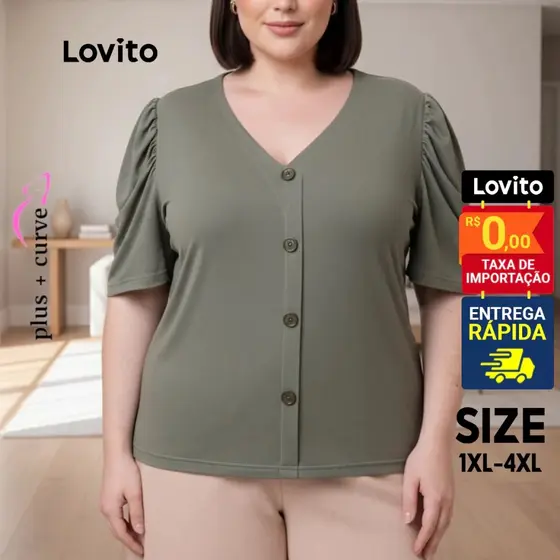 Lovito Blusa Malha Plus Size Com Botões BR-BLB331BRL360