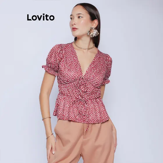 Lovito Blusa Casual com Poá e Amarração Feminina BLB1028BRL1058