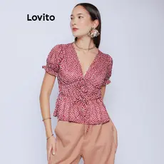 Lovito Blusa Casual com Poá e Amarração Feminina BLB1028BRL1058