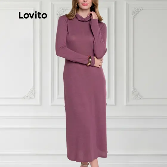 Lovito Vestido Feminino Tricozinho Manga Longa Gola Alta DRB19111941