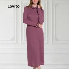 Lovito Vestido Feminino Tricozinho Manga Longa Gola Alta DRB19111941