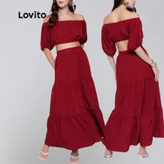 Lovito Conjunto Feminino de Top Cropped e Saia Longa Liso KSB696BRL726