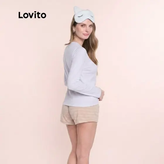 Lovito Conjunto de Pijamas Feminino Com Manga Comprida e Shorts PJB18631898