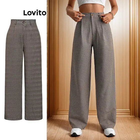 Lovito Calça Alfaiataria  Feminina Xadrez com Pregas PTB10BR233