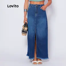 Lovito Saia Jeans Longa com Fenda  Casual Moda Modesta Lisa para Mulheres DKB664BRL694