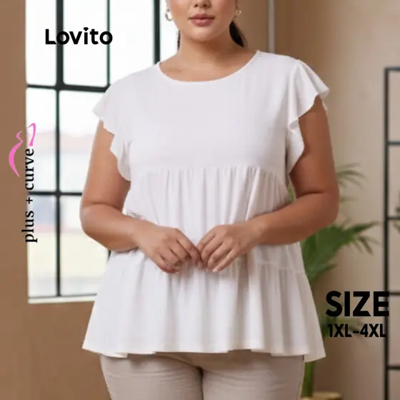 Lovito Blusa Feminina Manga Curta Plus Size Curve Com Babados TSB359BRL388