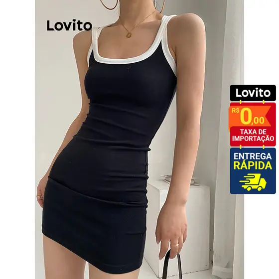 Lovito Vestido Feminino Curto Justo com Alça Contrastantes DRNS41BX052