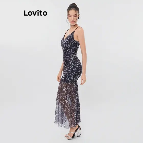 Lovito Vestido Feminino Longo em Tule Estampado DRB214BRL243