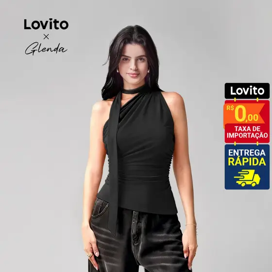 Lovito x Glenda Blusa Casual Feminina Lisa de Amarrar com Ombro de Fora TKNS31EX196