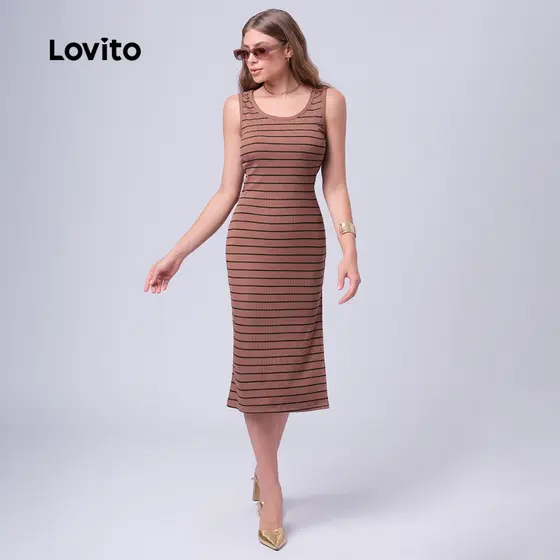 Lovito Vestido Feminino Midi Básico Listrado com Fenda Lateral DRB1BRL012
