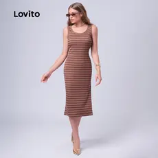 Lovito Vestido Feminino Midi Básico Listrado com Fenda Lateral DRB1BRL012