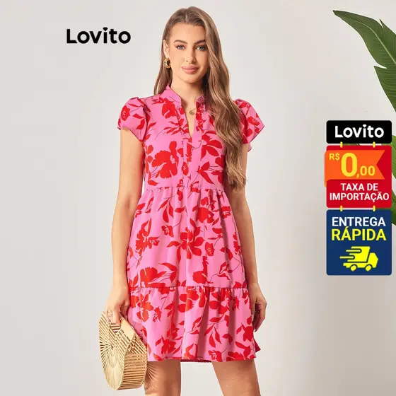 Lovito Vestido Feminino Curto Estampa Floral Com Babado Barra DRB6BR134