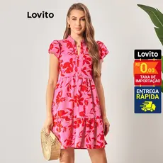 Lovito Vestido Feminino Curto Estampa Floral Com Babado Barra DRB6BR134