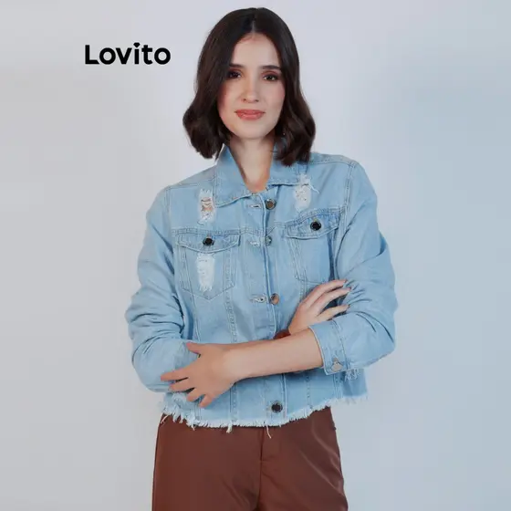 Lovito Jaqueta Jeans Feminina Cropped Destroyed JKB19922022