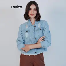 Lovito Jaqueta Jeans Feminina Cropped Destroyed JKB19922022