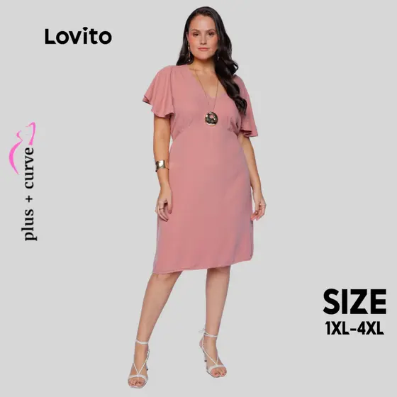 Lovito Vestido Plus Size Curto Decote V Manga Bufante Curta Feminino DRB254BRL283