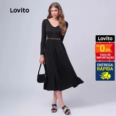 Lovito Vestido Feminino Midi Manga Longa Saia Evasê DRB433BRL462