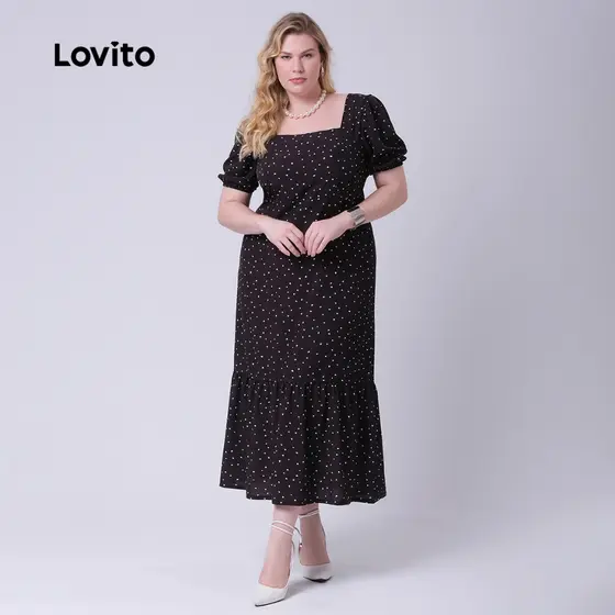 Lovito Vestido Plus Size Decote Quadrado Midi Rodado Feminino DRB33BRL062