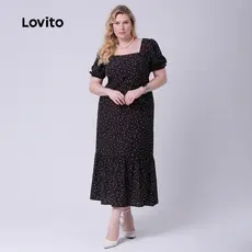 Lovito Vestido Plus Size Decote Quadrado Midi Rodado Feminino DRB33BRL062