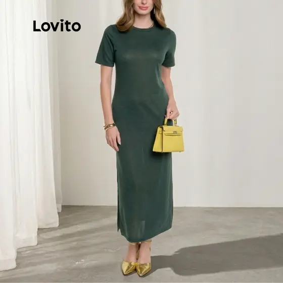 Lovito Vestido Feminino Mangas Curtas Malha Tricot DRB16781708