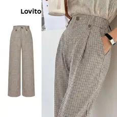 Lovito Calça Feminina com Pregas Frente Estampa Xadrez PTB70AD049