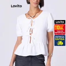 Lovito Blusa Feminina com Laços Frontais Amarração Manga Curta e Babado na Barra BLB94BRL123