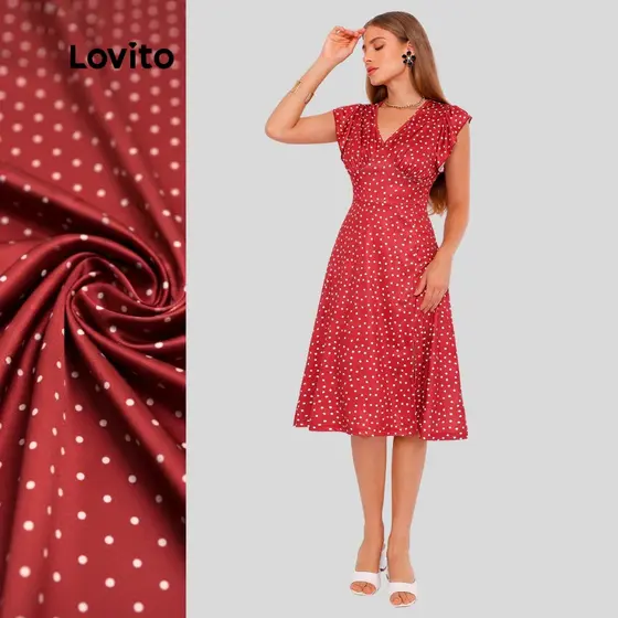 Lovito Vestido Feminino Midi Sem Manga Estampa Bolinhas DRB407BRL436